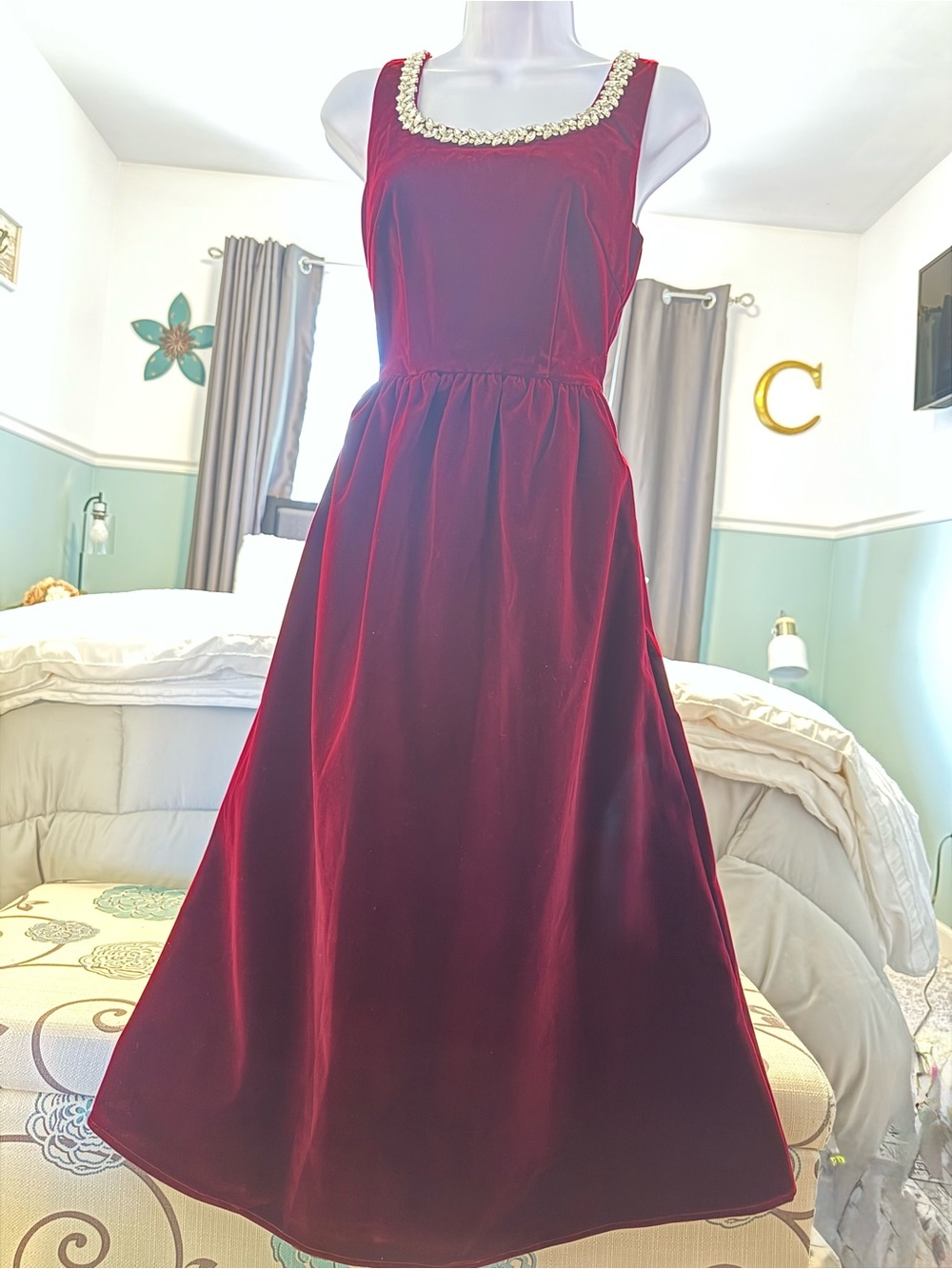Cider Burgundy Velvet Midi Dress with Diamond -Trim Scoop Neck